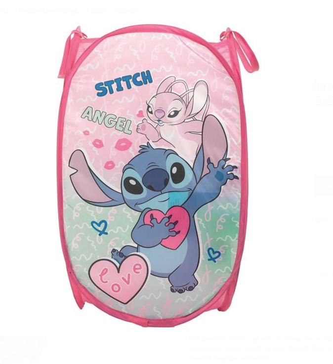 Cos Textil Pliabil Roz cu Model Stitch pentru Jucarii 35x35x58cm