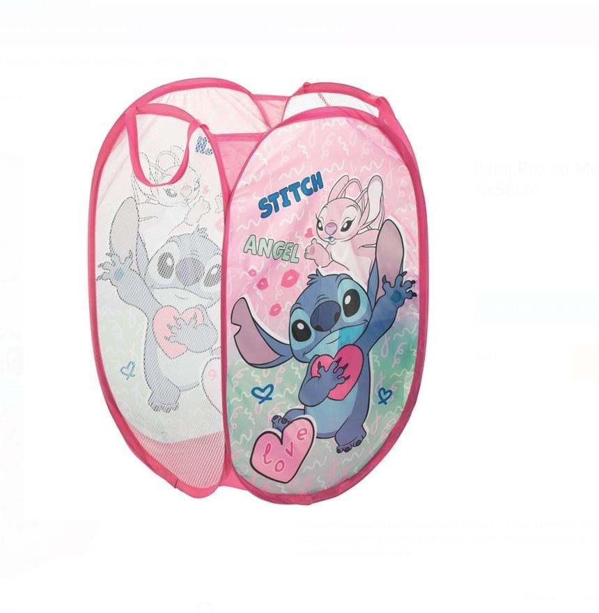 Cos Textil Pliabil Roz cu Model Stitch pentru Jucarii 35x35x58cm