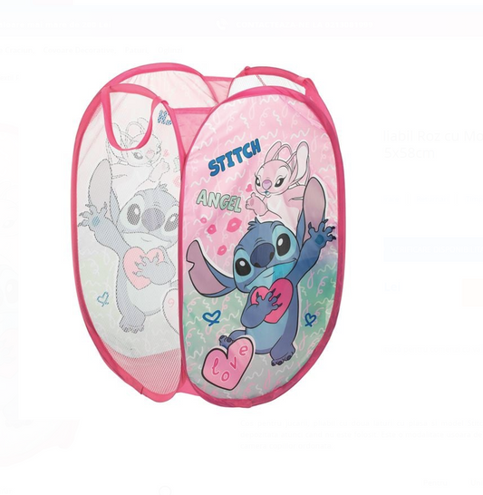 Cos Textil Pliabil Roz cu Model Stitch pentru Jucarii 35x35x58cm